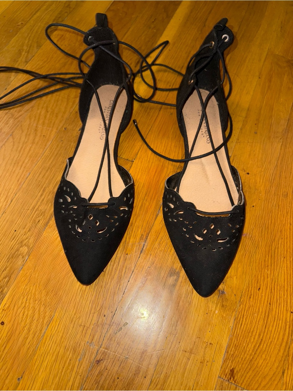 Christian Siriano Black Laser-Cut Pointed Lace-Up Flats